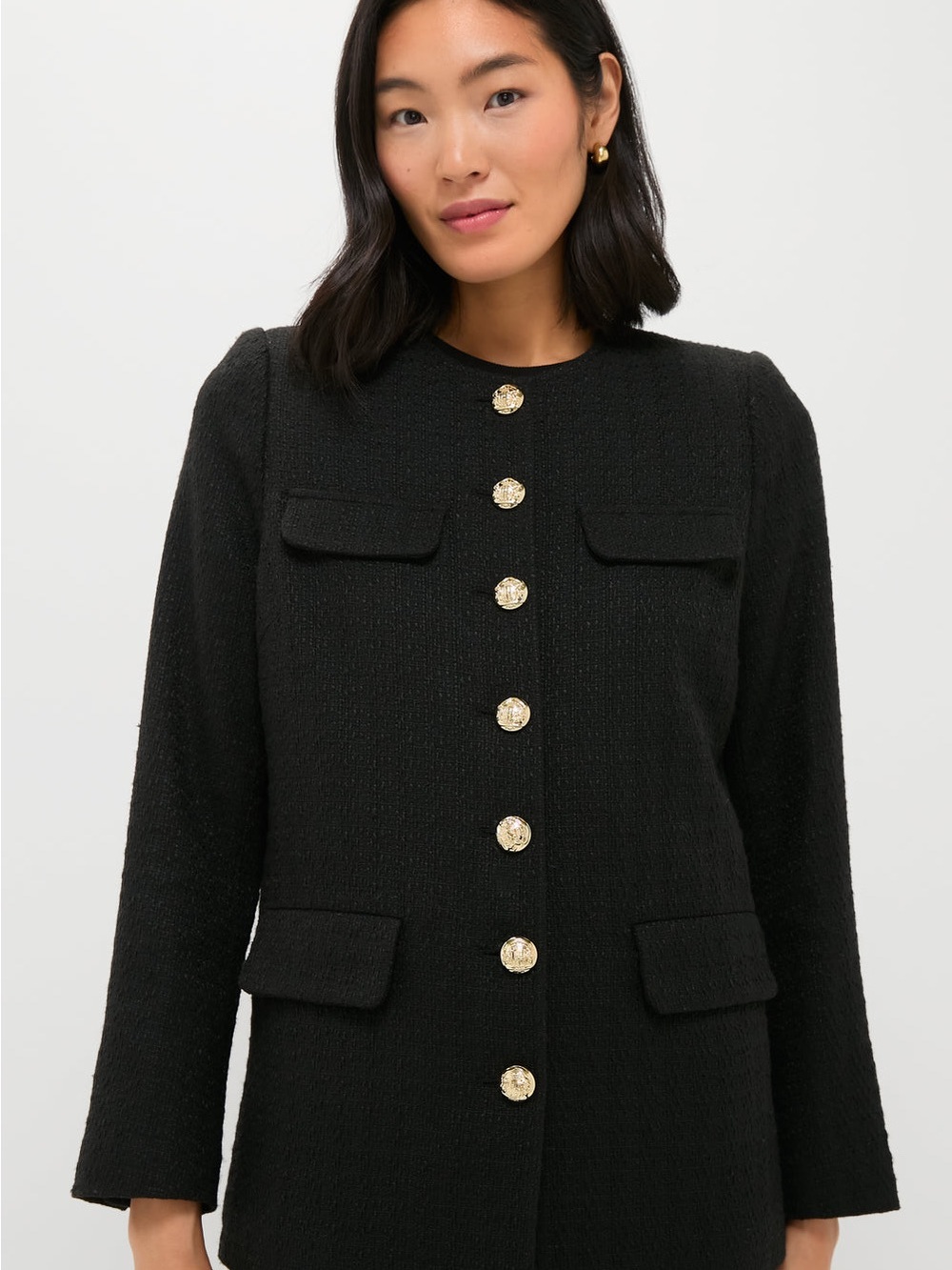 Pomander Place Jennings Black Collarless Tweed Jacket with Gold Buttons